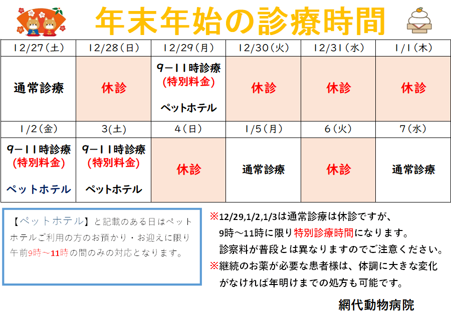 年末年始の診療時間